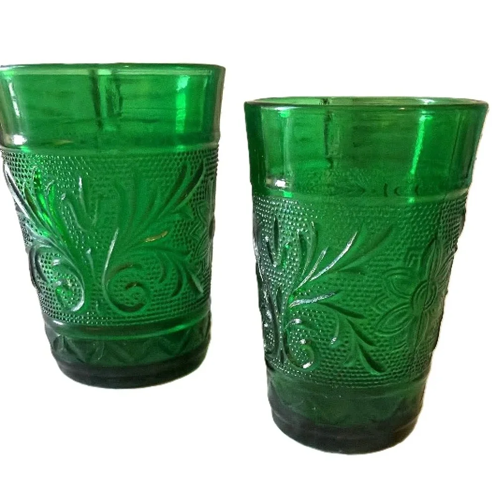 Tiara Anchor Hocking Glass Set 4pc Green Vintage Sandwich Fruit Dessert Pattern